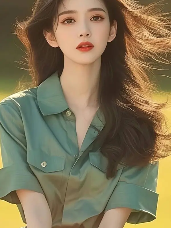 قميص ريترو أخضر للنساء صيفي جديد بتصميم فرنسي جميل