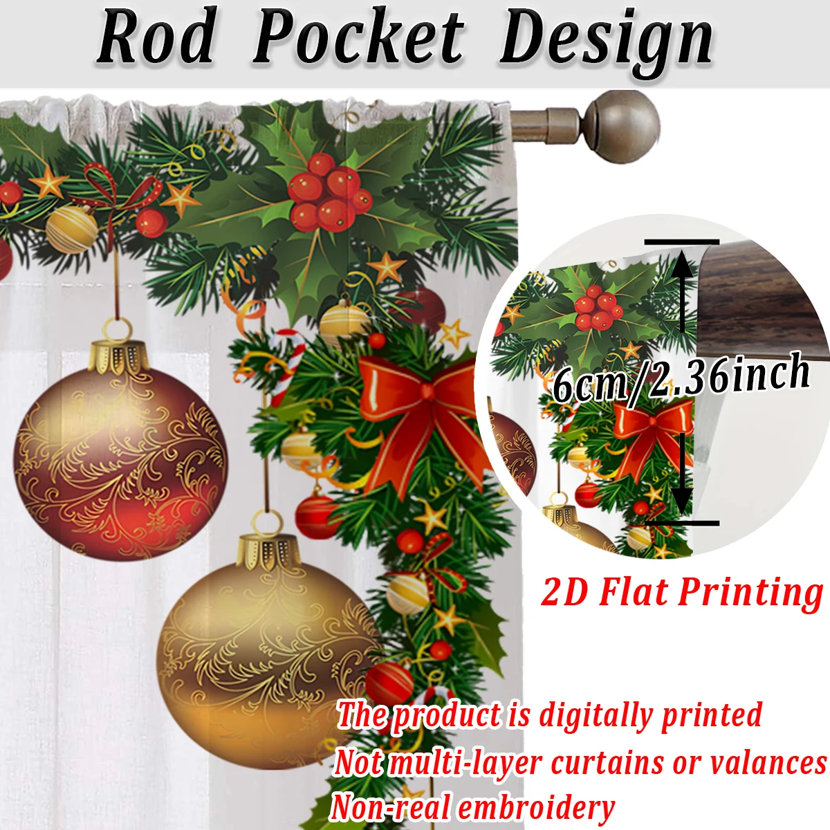 ستارة شفافة مطبوعة مسطحة لعيد الميلاد مع قوس كرة عيد الميلاد فروع الصنوبر لتزيين غرفة المعيشة وغرفة النوم وحفلات العطلات