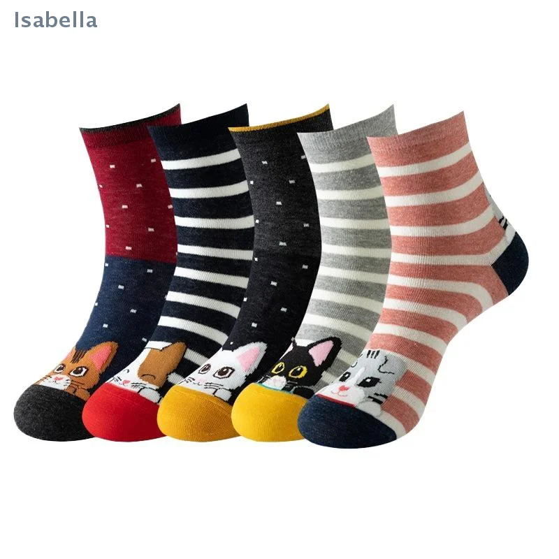 

♥ 5 пар женских носков до середины икры с милым котом, мягкие хлопковые носки с рисунком для повседневной носки, идеальные подарки для любителей кошек