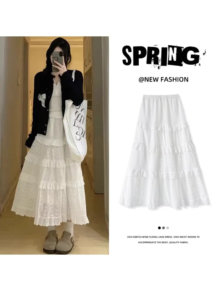 

White High Waist A-Line Skirt for plus Size Women Spring Summer Autumn Ballet Style Lace Half Body Skirt Slimming Effect
