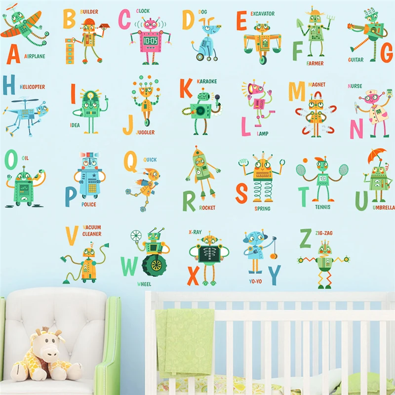Funny Robots Letters Wall Stickers For Kids Bedroom Decoration Diy English Alphabet Mural Art Home Decals Educational Posters