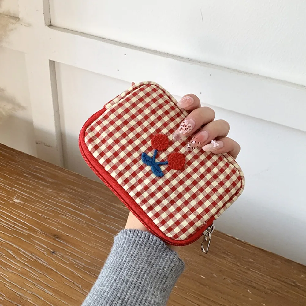 Portable Cotton Plaid Makeup Bag Multifunctional Cloth Toiletry Organizer Bag Card Bag Large Capacity Travel Storage Bag Travel