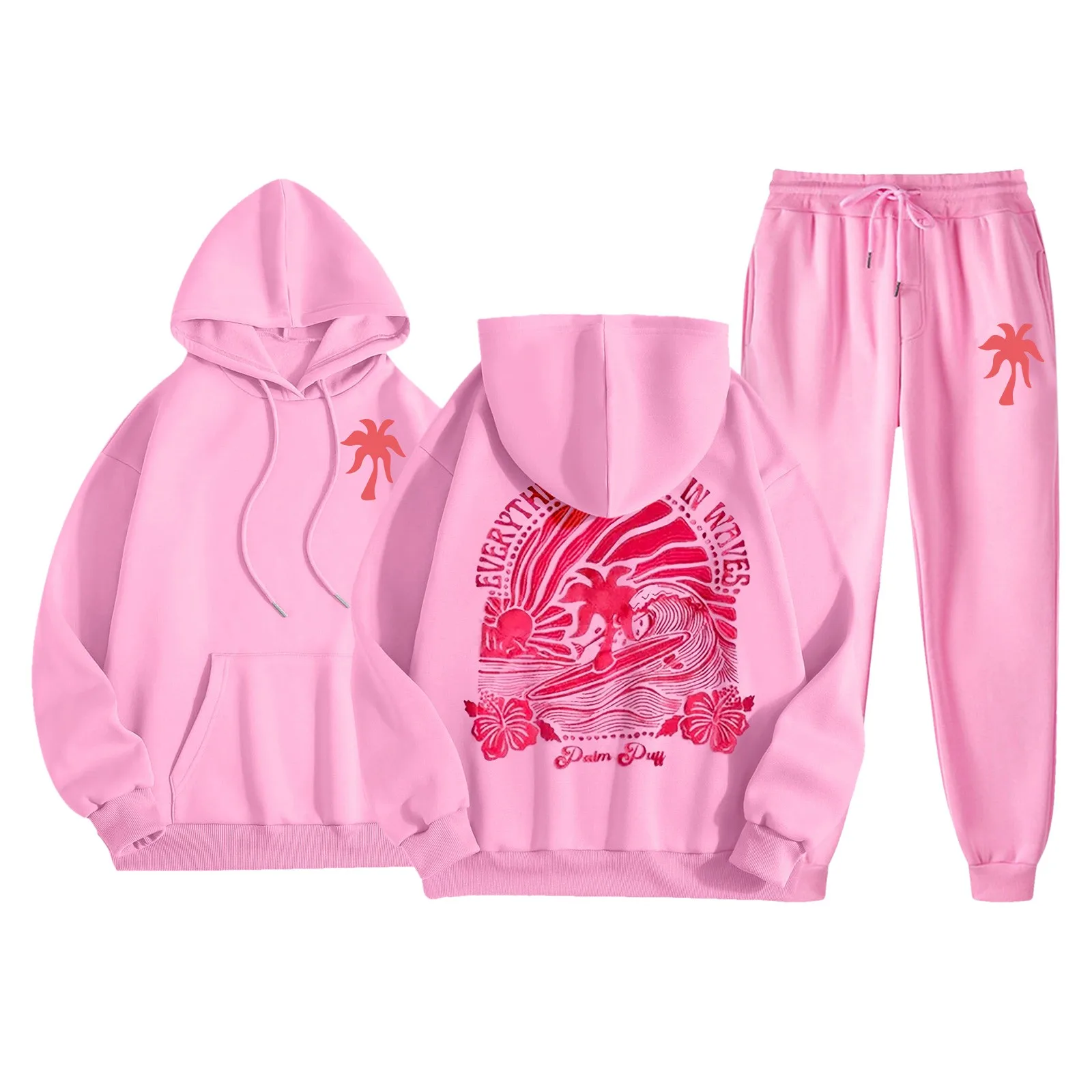 Gewatteerde Sweatshirt Met Capuchon Joggingbroek Lange Broek Set Pinkpalmpuff Strand Kokosnoot Grafische Hoodies Oversized Westkust Y 2K Hoodies