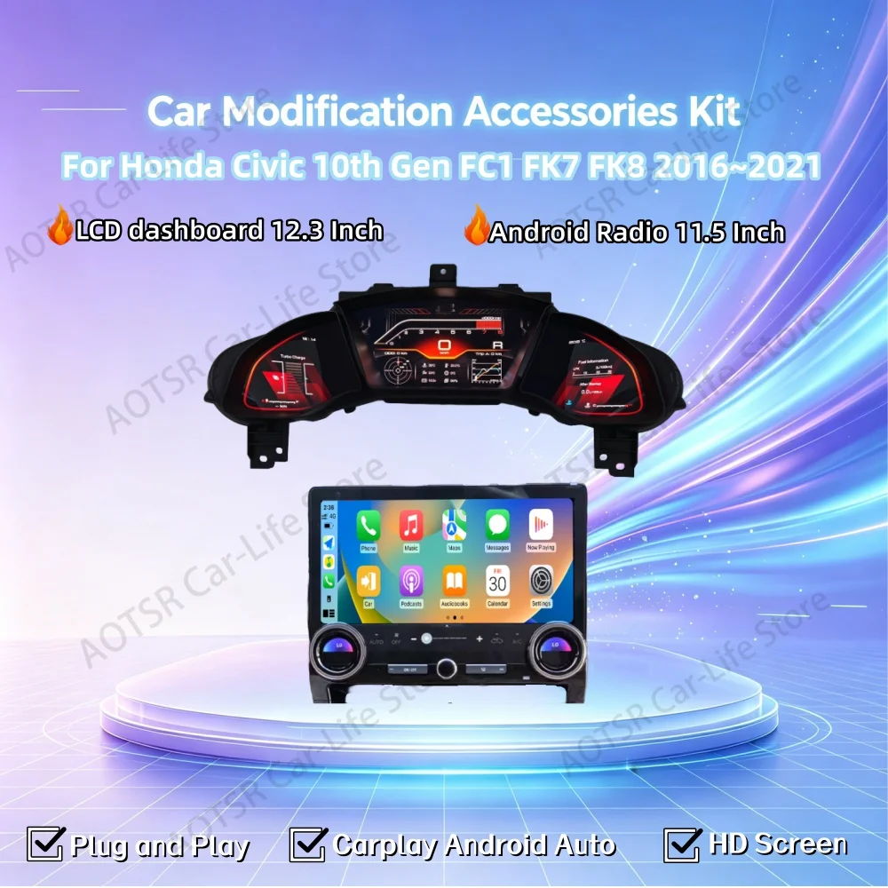 Car Modification Accessories Kit For Honda Civic 10th Gen FC1 FK7 FK8 2016~2021 Auto Gauge LCD Dashboard Speedometer