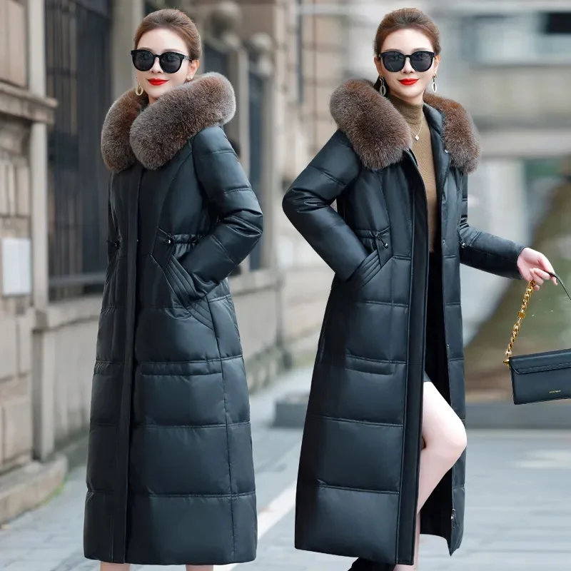 2025 Fashion Leather Parkas Women's Winter Cotton-padded Coat X-long Overcoat Hooded Fur Collar Outerwear Streetwear PU Jackets