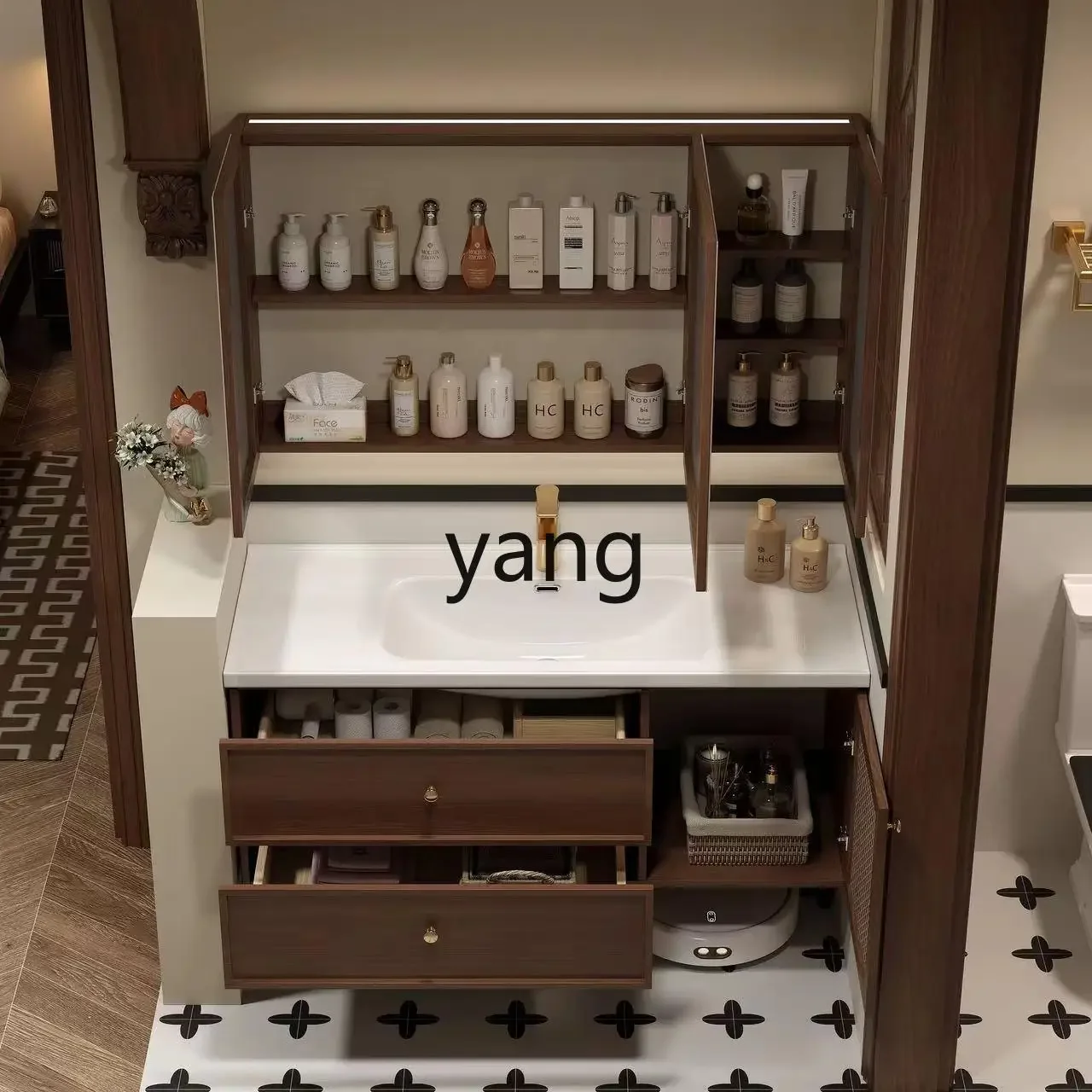 خزانة حمام LH من الخشب الصلب لغسل اليدين وحوض سيراميك متكامل من خشب الجوز