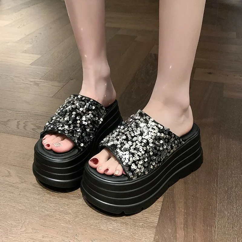 

Fashion 8cm Synthetic Slip on Platform Wedge Fashion Sandal Bling ROME Ladies Beach Shoes Peep Toe Pumps Summer Slippers Shoes