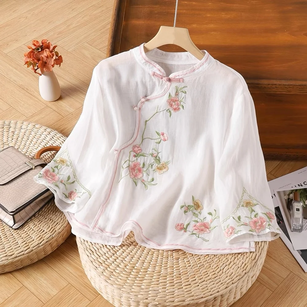 เสื้อผ้าฝ้ายลินินลายชาติพันธุ์ปักลายหนักแบบกระดุมสไตล์ศิลปะทรงหลวมแบบใหม่ เสื้อผู้หญิงสไตล์จีนแบบใหม่