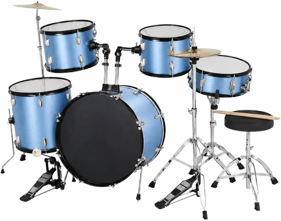 5-Piece Full Size Acoustic Drum Set, 22-Inch Adult Drumset with Cymbals, Pedal, Drumsticks, Adjustable Stool and Stands, Complete Kit for Beginners, Adults, Teens and Students, Blue