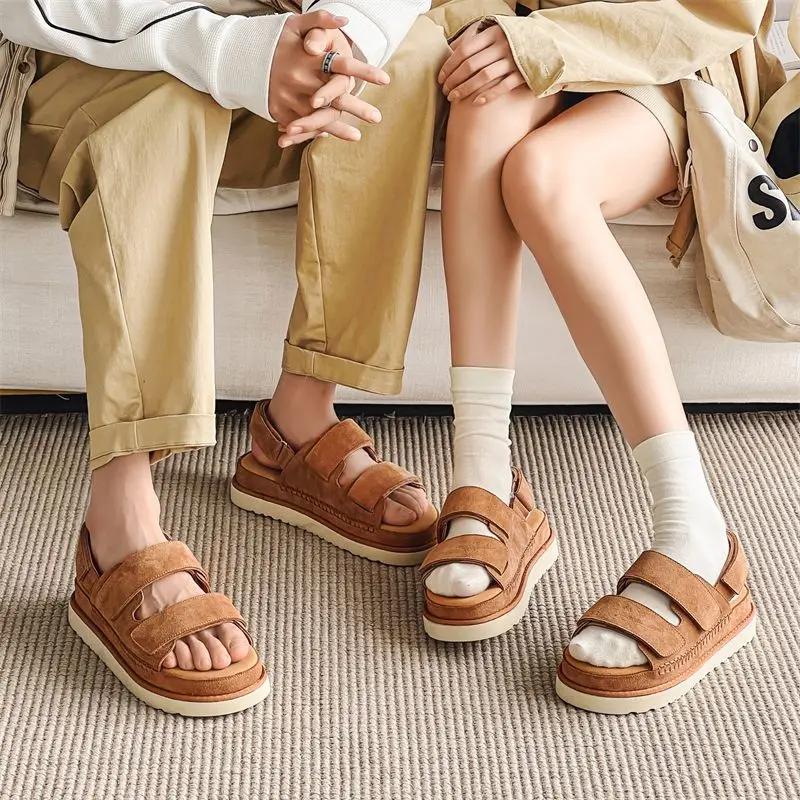 2024 Men Cowhide Non-Stuffy Feet Fashion Sandals Summer New Couple Thick Bottom Increased Super Soft Outdoor Slippers Women