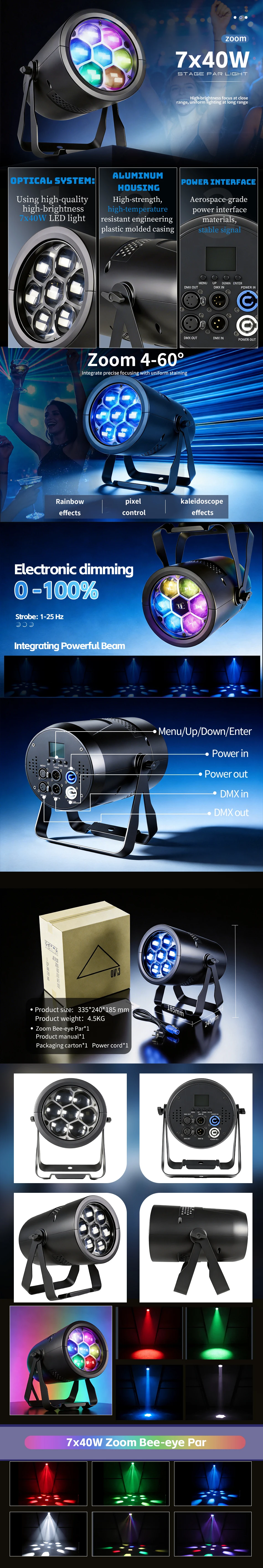 aicpose 7x40W LED Pixel Bees Eye PAR-Scheinwerfer RGBW DMX-Steuerung geeignet für DJ, Disco, Familienfeiern, Nachtclubs, Bars, Hochzeiten und andere Anlässe. – Detail 1