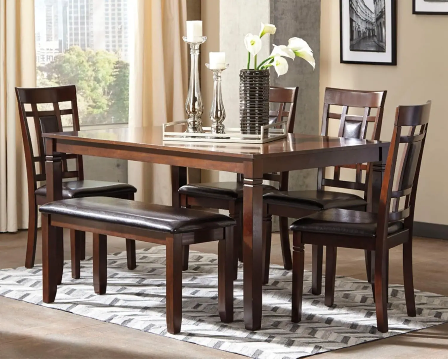 Dining Room Set, Includes Table, 4 18" Chairs & Bench, Brown