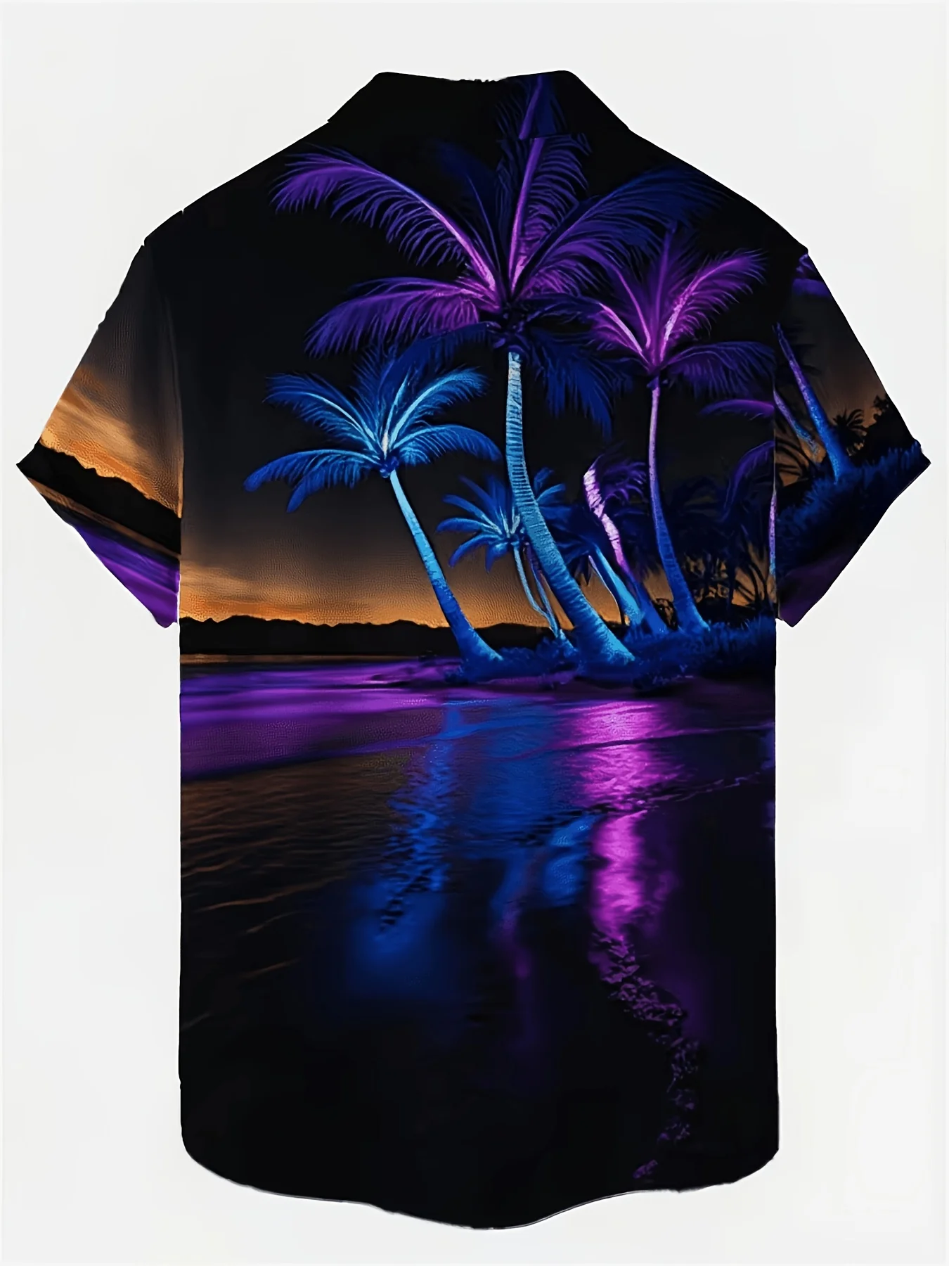 Men Short Sleeve Button Down Shirt Black Purple Blue Coconut Palm Sunset Beach Print Polyester Lapel Collar Vacation