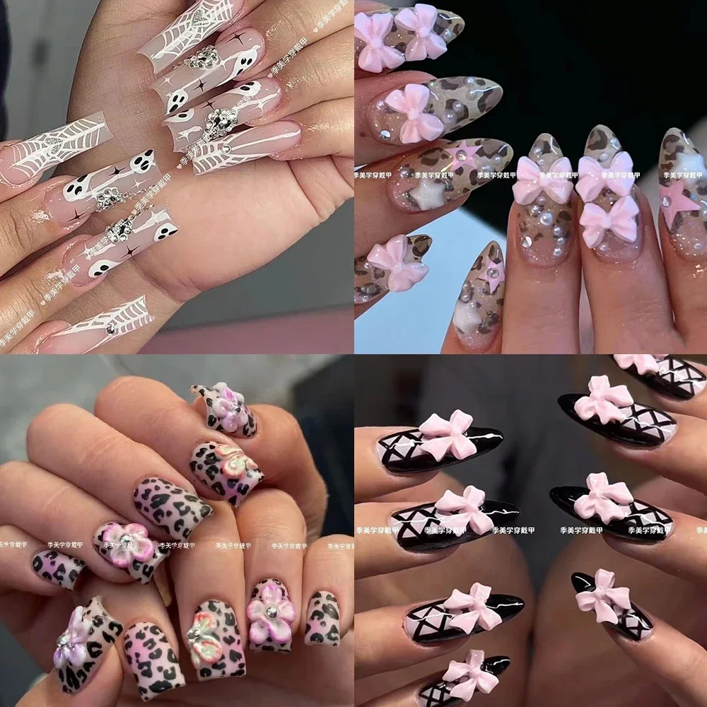 

10Pcs DIY Sanrio Hello Kitty Duckbilled Handmade Fake Nails Leopard Print Bow Spice Girl Mid-Length False Nails Party Gift