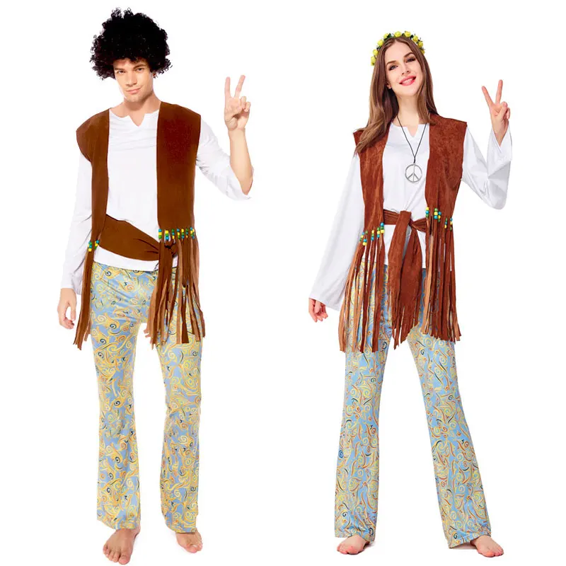 Retro 60S 70S Disco Hippie Hippy Hip Hop Zanger Kostuum Vrouwen Mannen Paar Halloween Purim Party Kostuums Fancy jurk