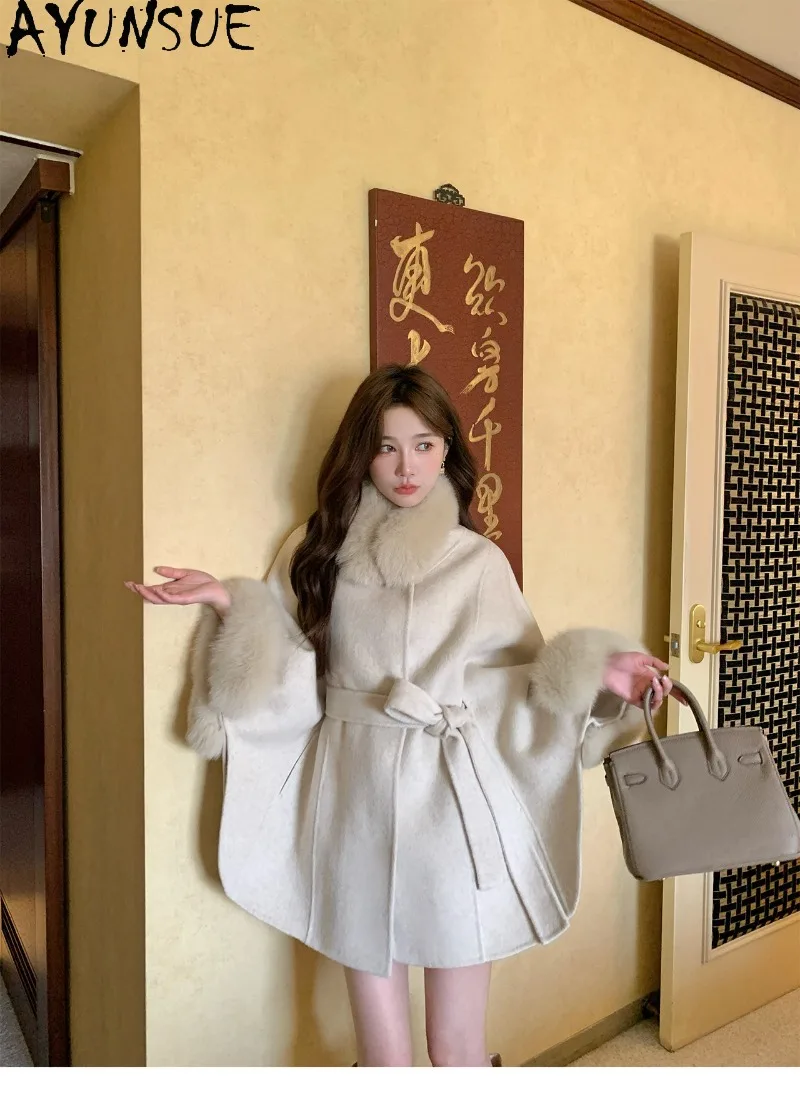 AYUSNUE Women Wool Double-Faced Cape Coat  Fox Fur Sleeve Cashmere Cloak Outerwear Female Winter Clothes Fashion New 2026 Пальто