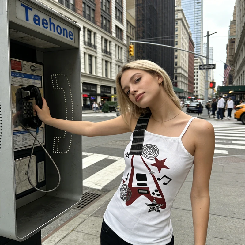 Sommer Neu Y2K Punk Rock Trend Visuelles Design Musiknoten-Print Camisole Vintage Mode Hip Hop Persönlichkeit Schlankes Emo Girl Top – Detail 7