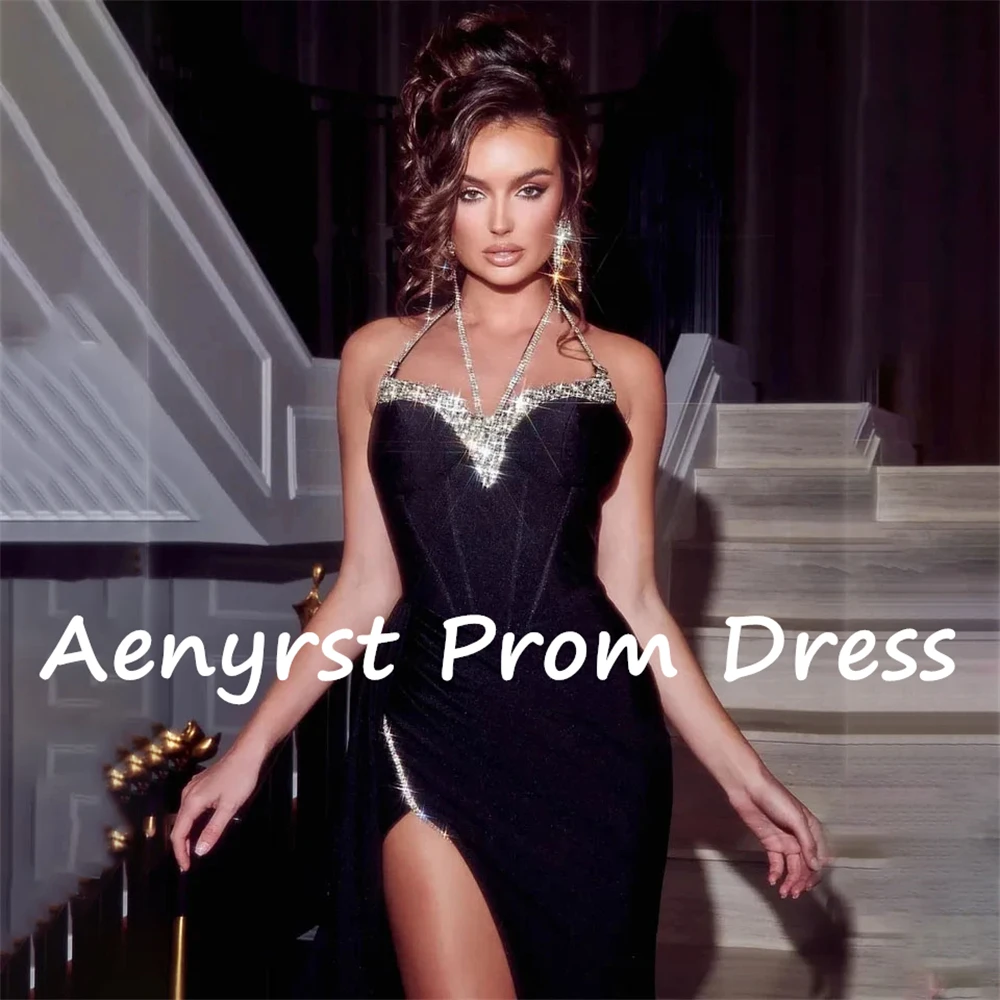 Aenyrst-vestidos de noche personalizados con cuello Halter, sexys, negros, con abertura lateral de satén, vestidos de fiesta de cristal hasta el suelo, vestido de fiesta Formal