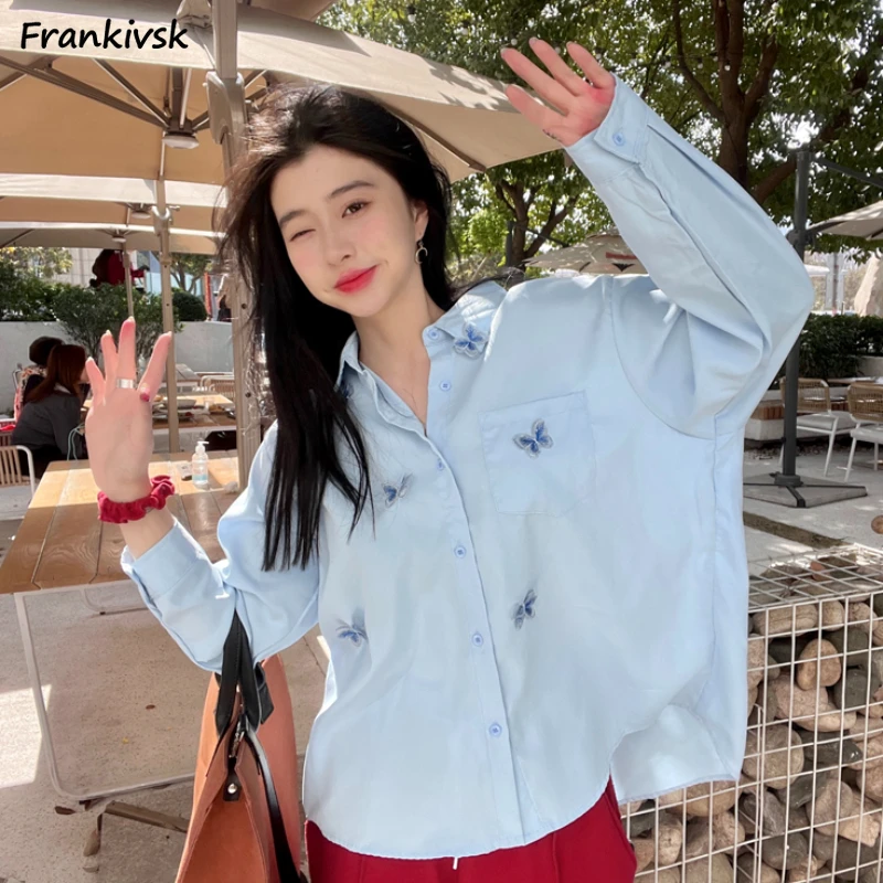 

Shirts Women Spring Retro Korean Style Hotsweet High Street Clothing Hipster Y2k Simple Chic Casual Turn-down Collar Schoolgirls