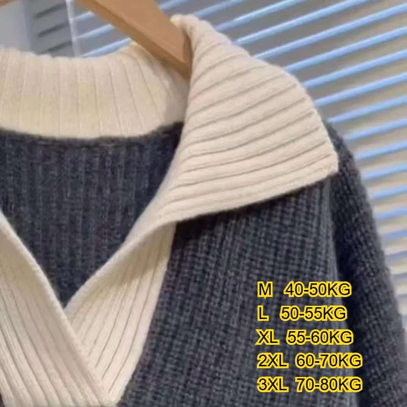 2025 Large Lapel Women's Sweater Color Clashing Knitwear Thicken Top Lazy Loose POLO Collar Comfortable Intercolor Pullover