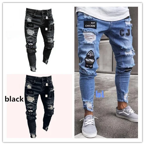 

Men's Slim Fit Jeans Embroidered Hole Punch Small Foot Pants Cross-Border Ebay Wi Bae Faionable Casual Long Trousers
