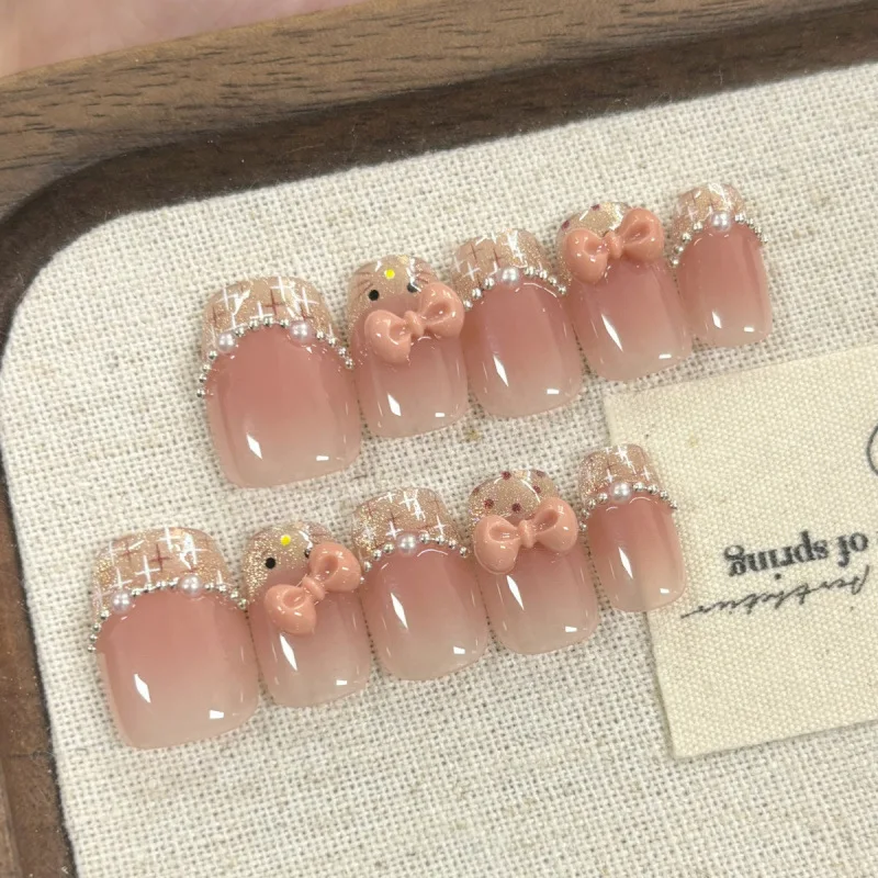

10 шт., кавайные короткие многоразовые накладные ногти, милые стерео кошки, банты со стразами, ручная работа, накладные корейские розовые женские накладные ногти