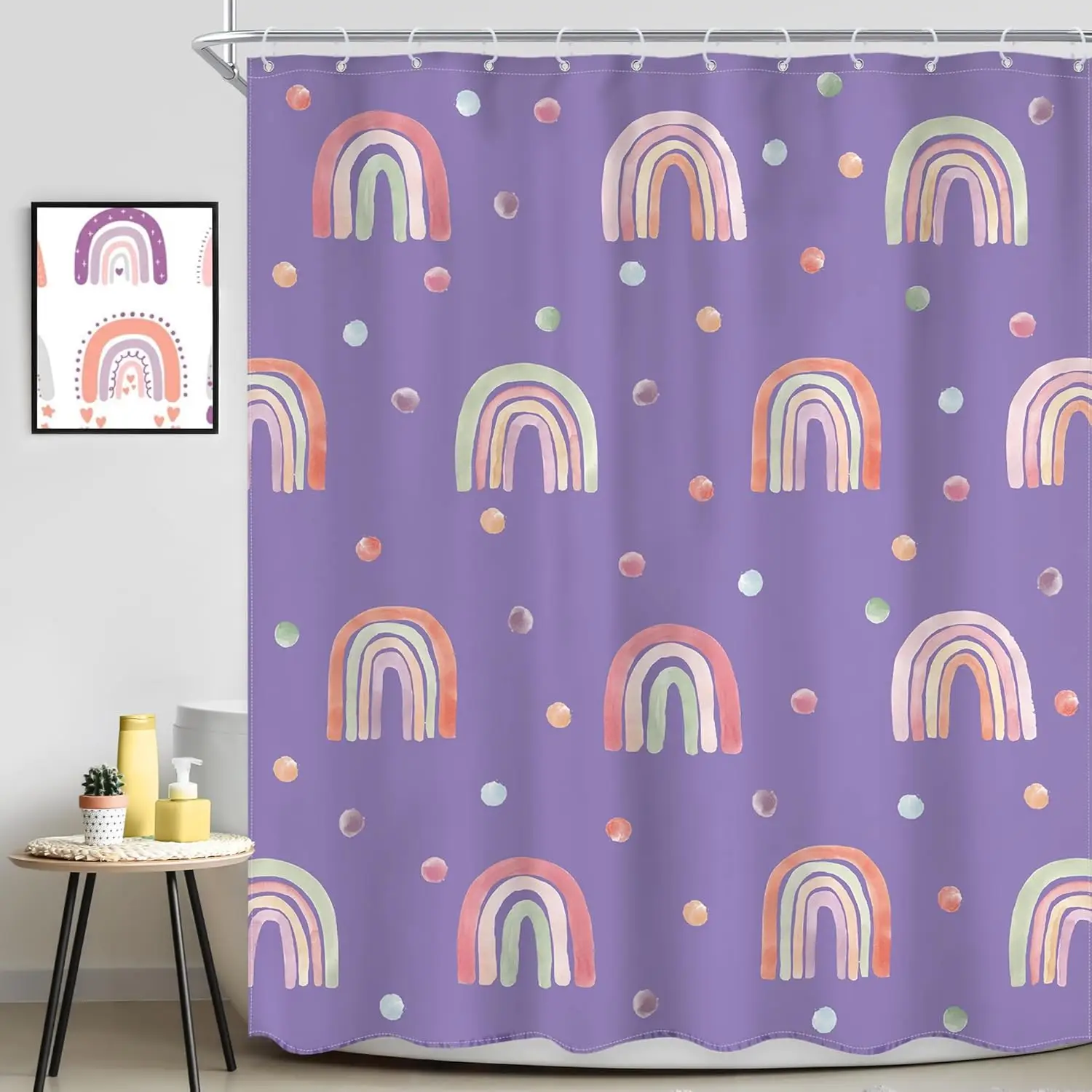 Kids Girls Purple Rainbow Shower Curtain Boho Rainbow Lavender Polka Dots Cartoon Cute Princess Vintage Preppy Girly Bathroom