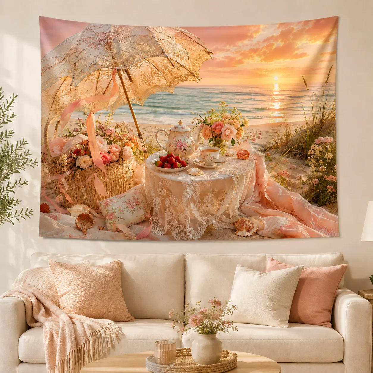 Pink Sunset Beach Tapestry Wall Hanging Rose Flower Sea Fabric Tapestries Cozy Bedroom Room Decor Aesthetic Bed Backdrop