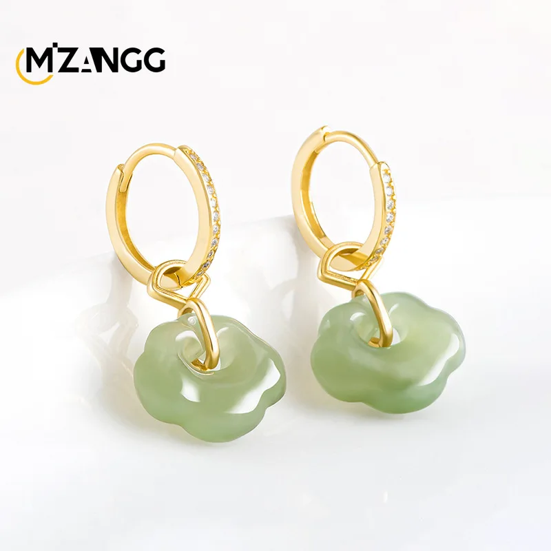 

Натуральное серебро S925, инкрустированные натуральным зеленым нефритовым нефритом Hetian, серьги Ruyi для пожилых людей, чувство темперамента, женские праздничные подарки