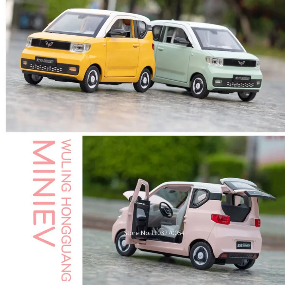 Wuling-Hong Guang MINI EV modelo carro brinquedos para crianças, carros de liga fundidos, borracha pneu portas, som aberto, luz puxar para trás, brinquedo presente, 1:24