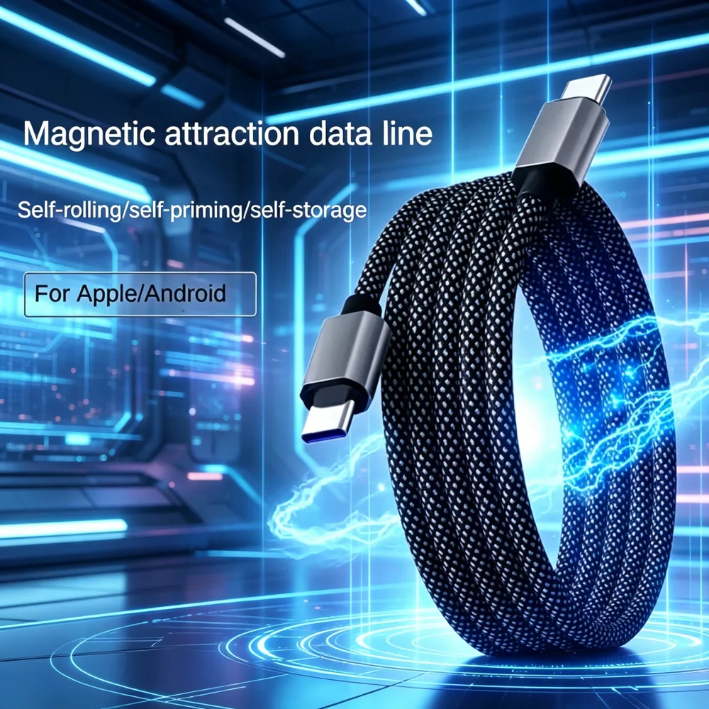 65W Self-coiling Magnetic Attraction USB-C Fast Charging Cable Braide Data Cord with Automatic Storage For iPhone Samsung Huawei
