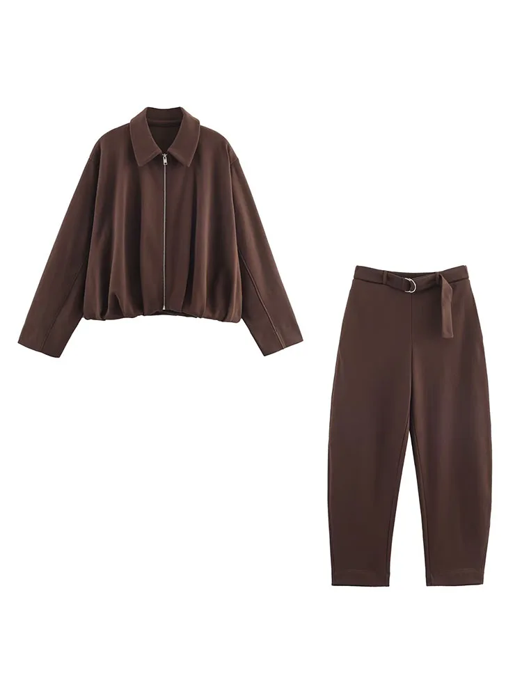 Hh feminino outono moda ternos sólido turn-down colarinho mangas compridas casaco com zíper superior + cinto de cintura alta decoração calças conjuntos femininos