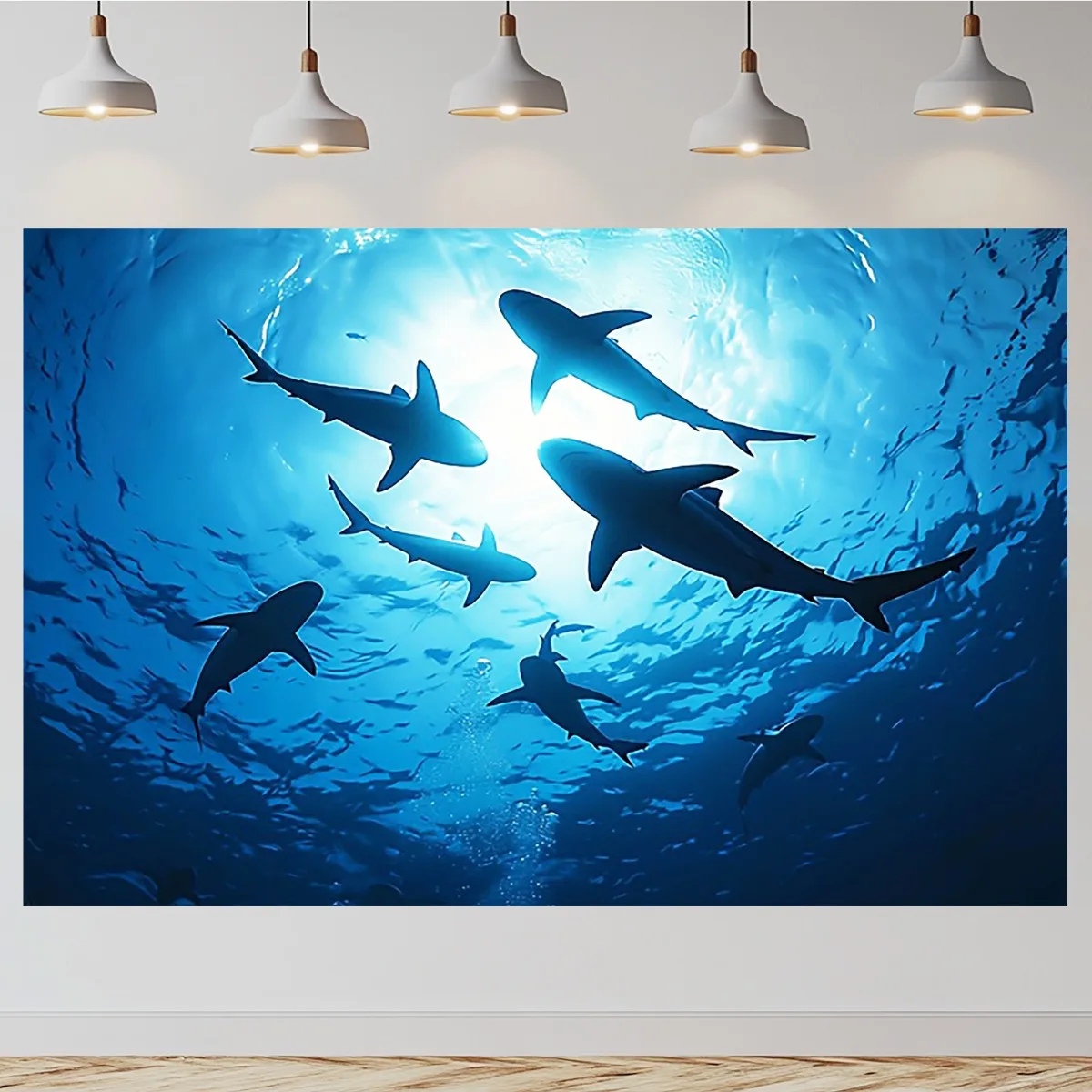 Shark School Ocean Blue Tapestry Underwater Light Wall Hanging for Bedroom Living Room Marine Adventure Decor Dramatic Sea Art