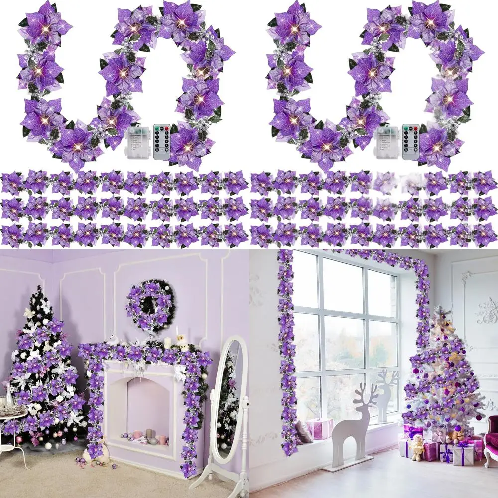

6-футовая фиолетовая гирлянда пуансеттии на батарейках с гирляндами, блестящими падубами, ягодами, 8 режимами освещения, пультом дистанционного управления и таймером f