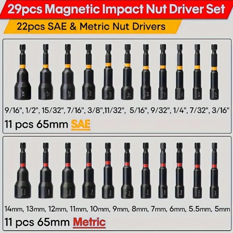 مجموعة مفكات صامولة مغناطيسية مكونة من 29 قطعة - لقمة مثقاب من فولاذ الفاناديوم الكروم مع ساق سداسية مقاس 1/4 بوصة وأحجام SAE ومحول مقبس #2