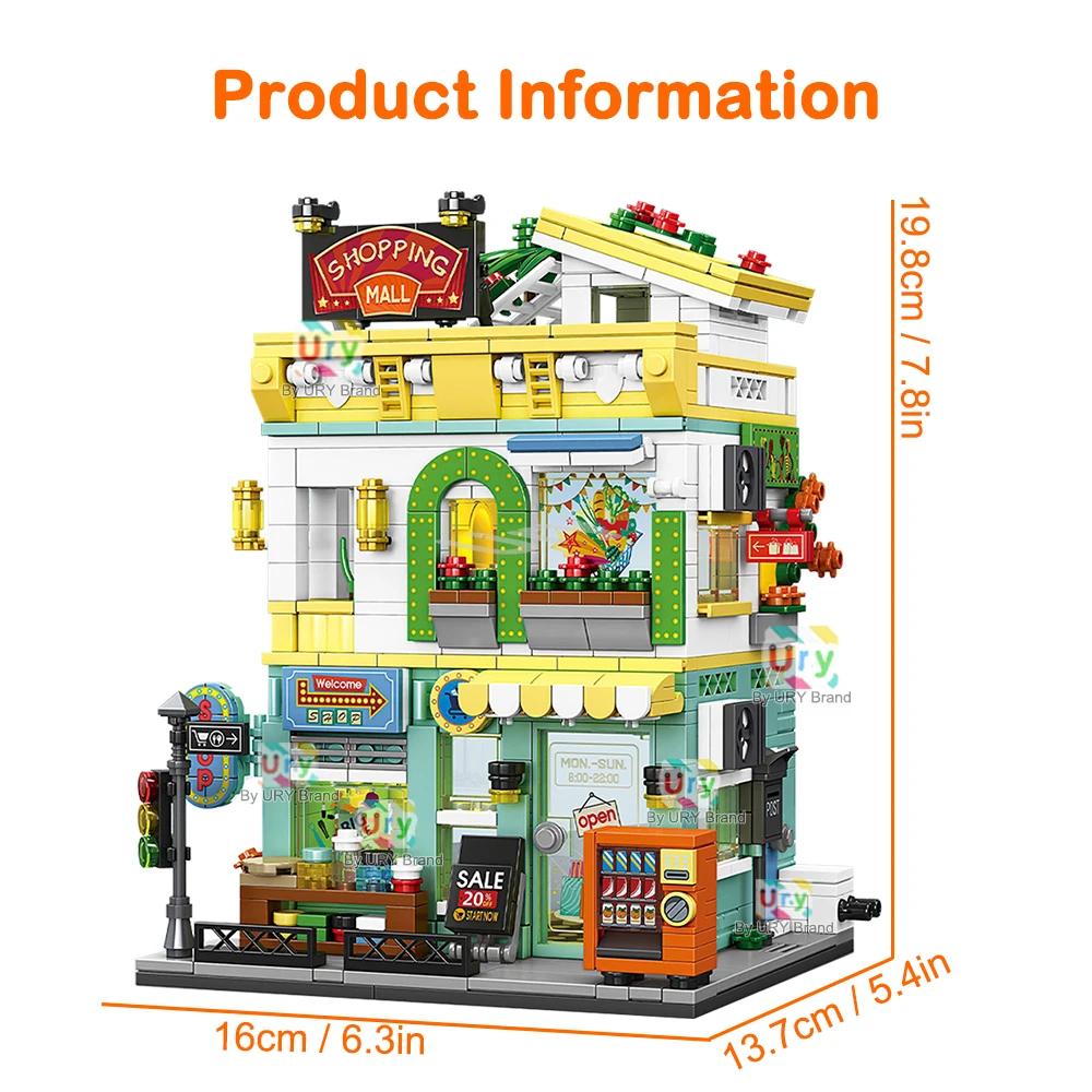 City Street View – centre commercial modulaire, coin de supermarché, dépanneur, maison de fleurs rétro, blocs de construction d'architecture MOC pour enfants