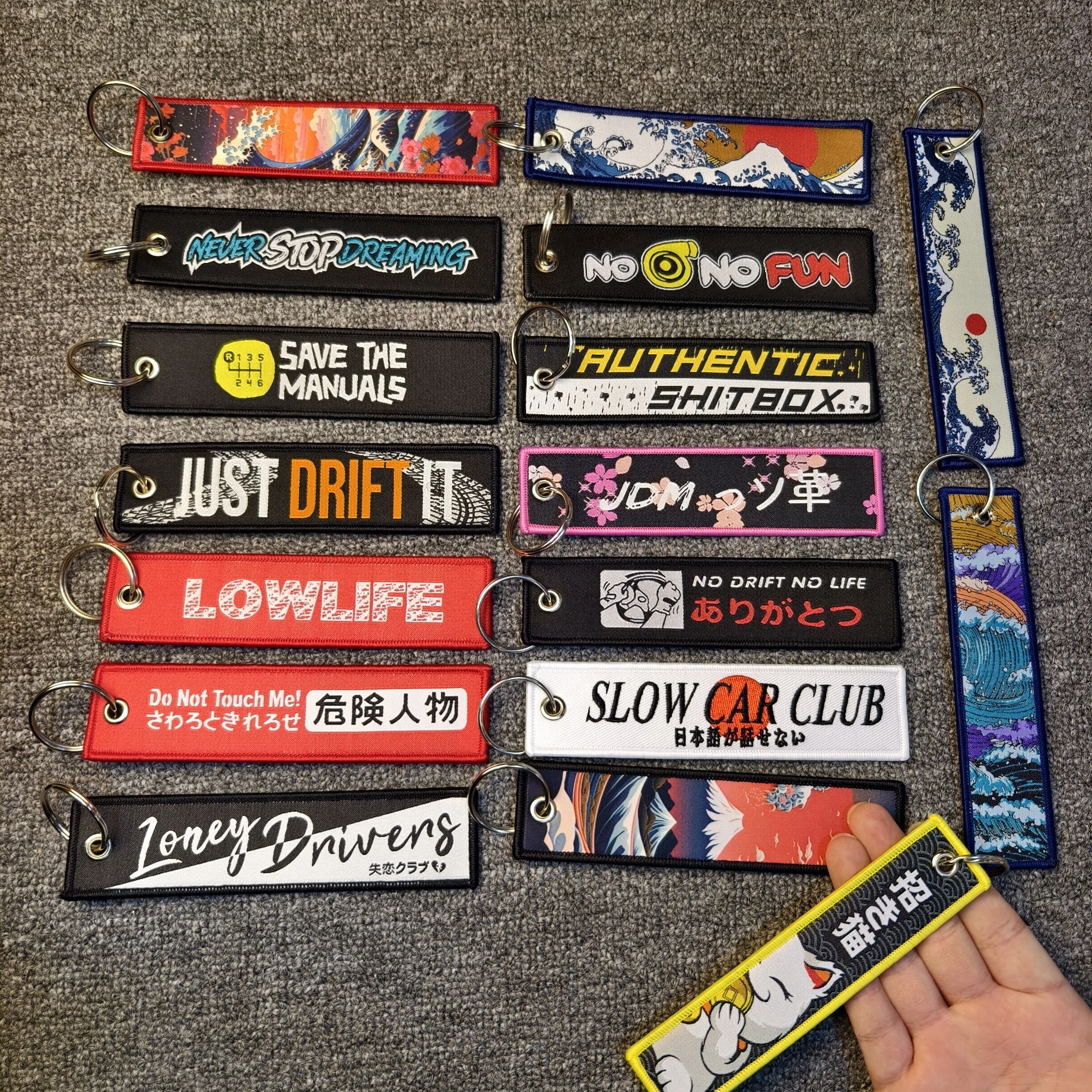 

1PC Hot JDM Keychain Car Culture Style Fashion Tags Embroidered Short Cloth Rectangle Polyester Auto Holder Charm Key Ring JDM