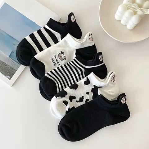 5 Pairs Women's Ankle Socks - Cute Cow Print Stripes, 100% Soft Knitted Polyester, Low-Cut Breathable Design Casual Socks