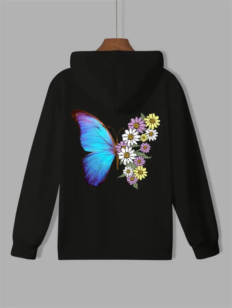 Roupa esportiva com estampa de borboleta feminina, loodie casual preto solto feminino, desenho animado na moda, kawaii, primavera, outono, inverno, córrego, 2024