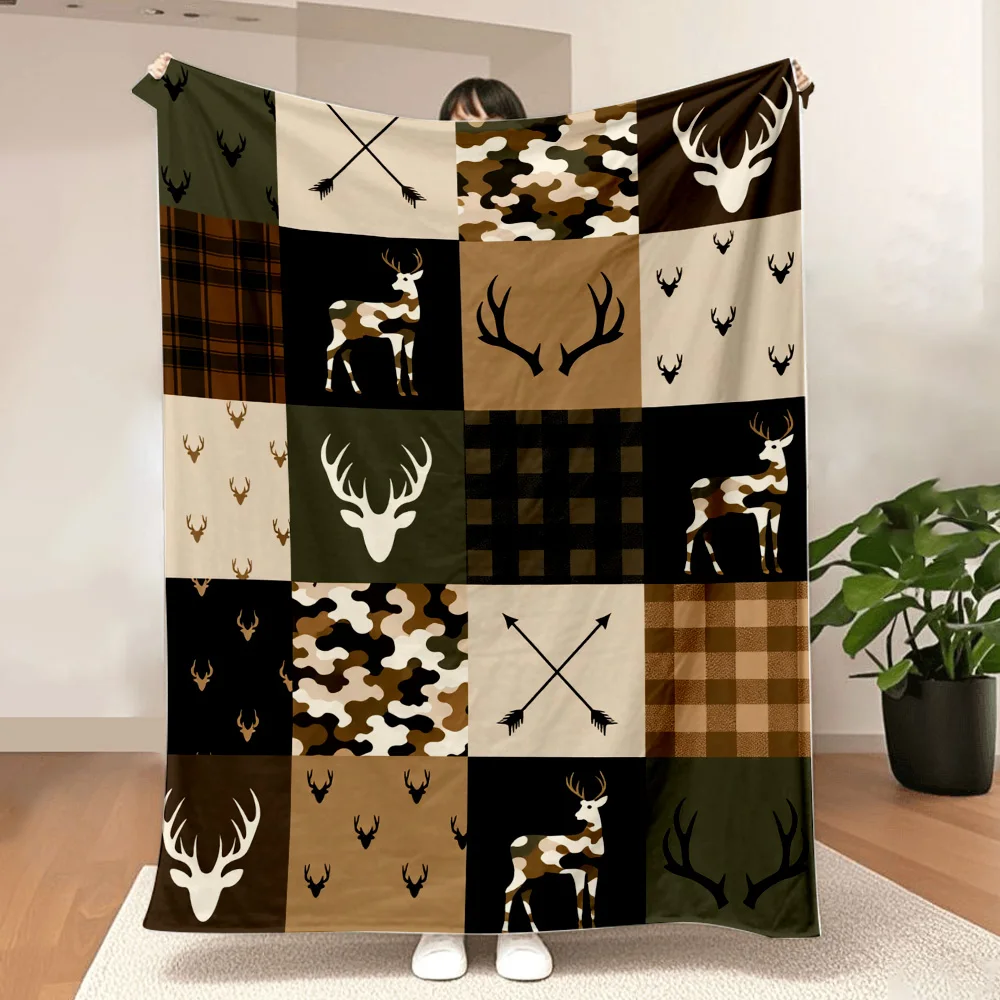 1PC Rustic Deer and Plaid Printed Blanket — Made of soft plush flannel, perfect for sofas, beds, or outdoor camping. Ideal for h