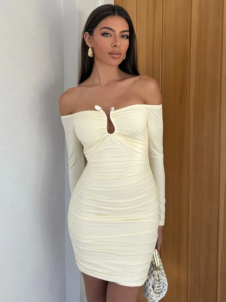 

Mozision Off-shoulder Long Sleeve Sexy Mini Dress Women Fashion Strapless Backless Skinny Ruched Bodycon Club Party Dress Female