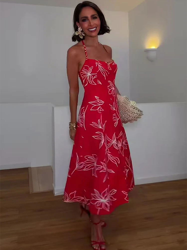 Damen Strandkleid mit Print, Neckholder, rückenfrei, trendiges ärmelloses langes Kleid, neue Mode 2026, Sommerurlaub, Freizeitkleid für Damen