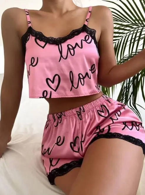 Conjunto de pijama Floral Sexy para mujer, de 2 piezas ropa de dormir, ropa interior de seda satinada con patrón de amor, Top y pantalones cortos