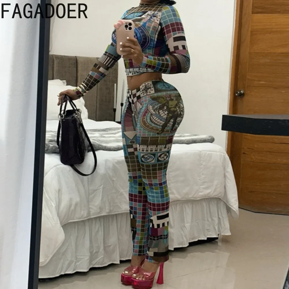 FAGADOER Fashion Two Piece Set for Women Mesh Print See Through Stretch Crop Top and Pants Suits Streetwear Spring 2025 New