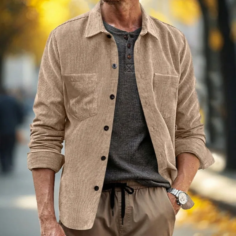 

Men's Corduroy Casual Shirt Jacket Loose Fit Button Down Lapel Coat with Dual Chest Pockets