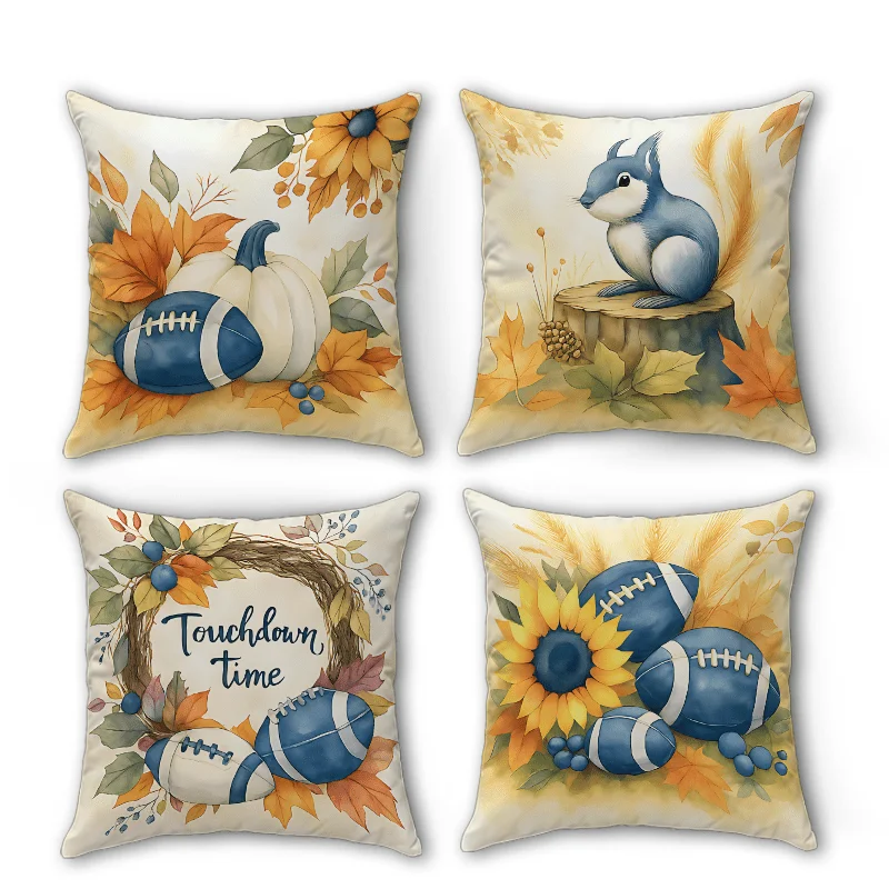 Funda de Almohada Decorativa, 4 Piezas, un Solo Lado, Diseño 2D con Estampados de Fútbol, Girasol y Ardilla para Decoración de Sofá y Hogar