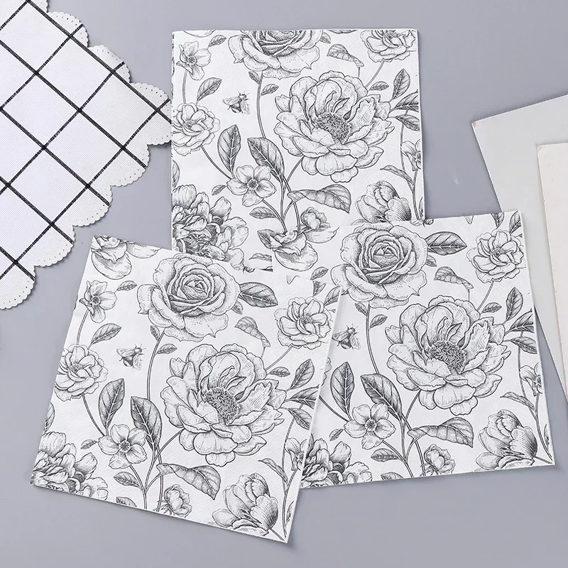 New Black Rose Printed Napkins Black and White Printed Paper Napkins Butterfly Bone Bart Handmade DIY Material Paper 20 Sheets