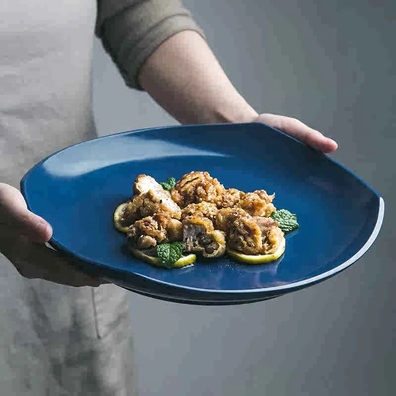 Blue Irregular Ceramic Steak Plate Simple Solid Colour Western Food Spaghetti Plates Household Fruit Dessert Dish