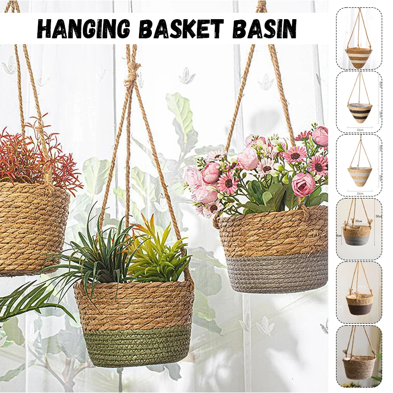 

Rattan Woven Hanging Basket Flower Pot Handmade Straw Woven Plant Hangers Home Garden Decor Hanging Planter Flowerpot