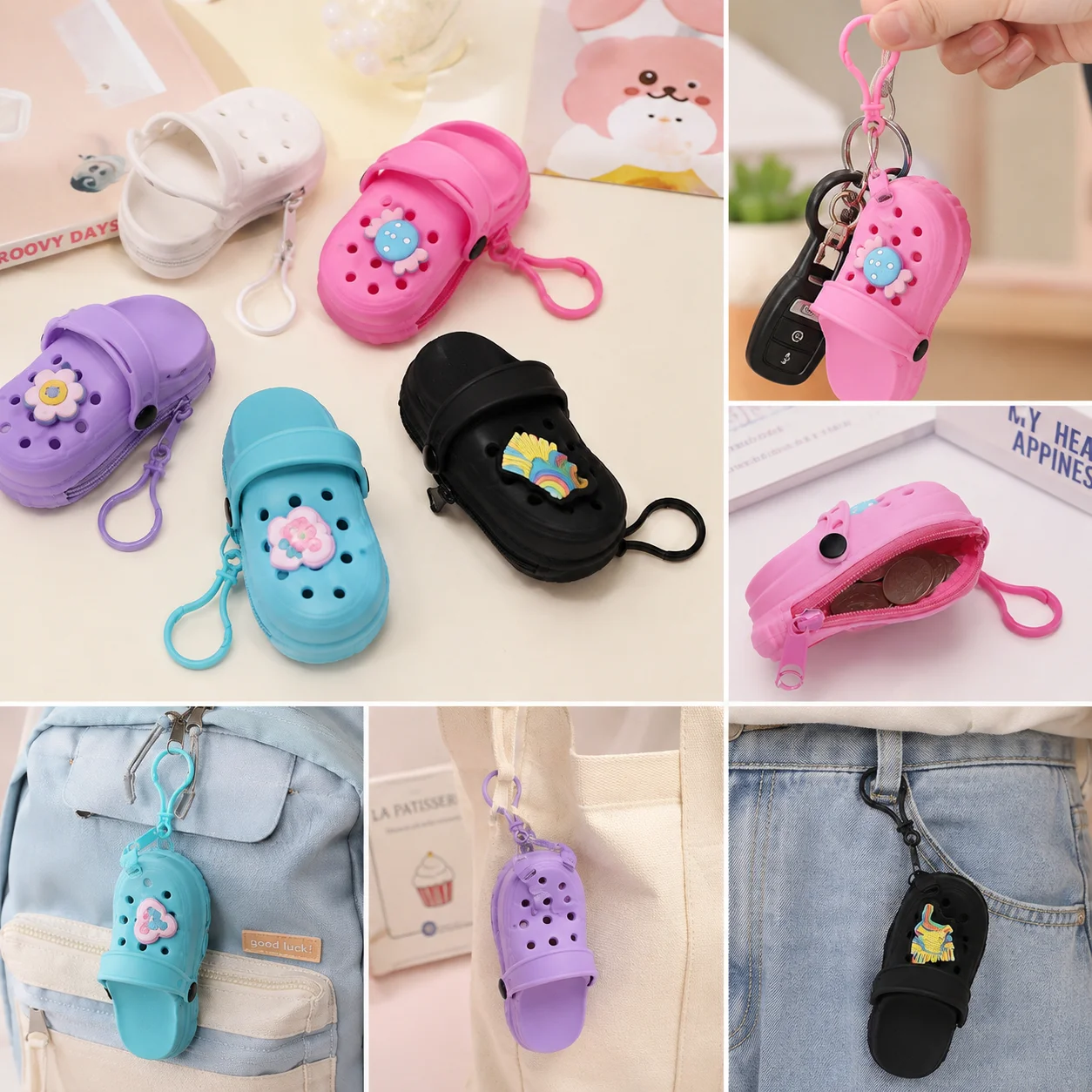 Mini Silicone Clog-Shaped Zipper Pouch 3x12.5cm Cute Cartoon Keychain Coin Purse for Kids Girls Travel Storage Bag Charms Bags